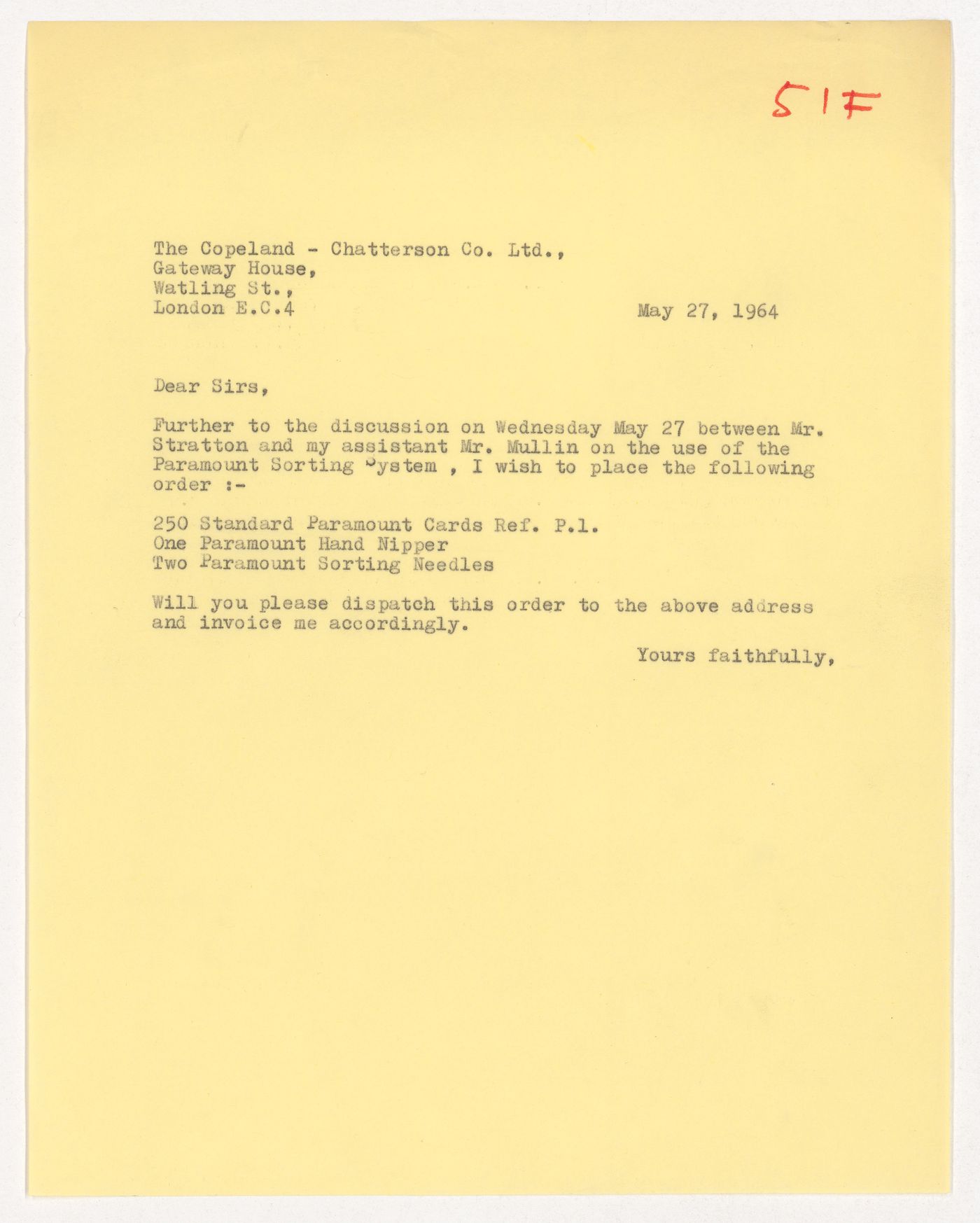 Letter, possibly from Cedric Price, to Copeland-Chatterson Co. Ltd. regarding the use of the Paramount Sorting System