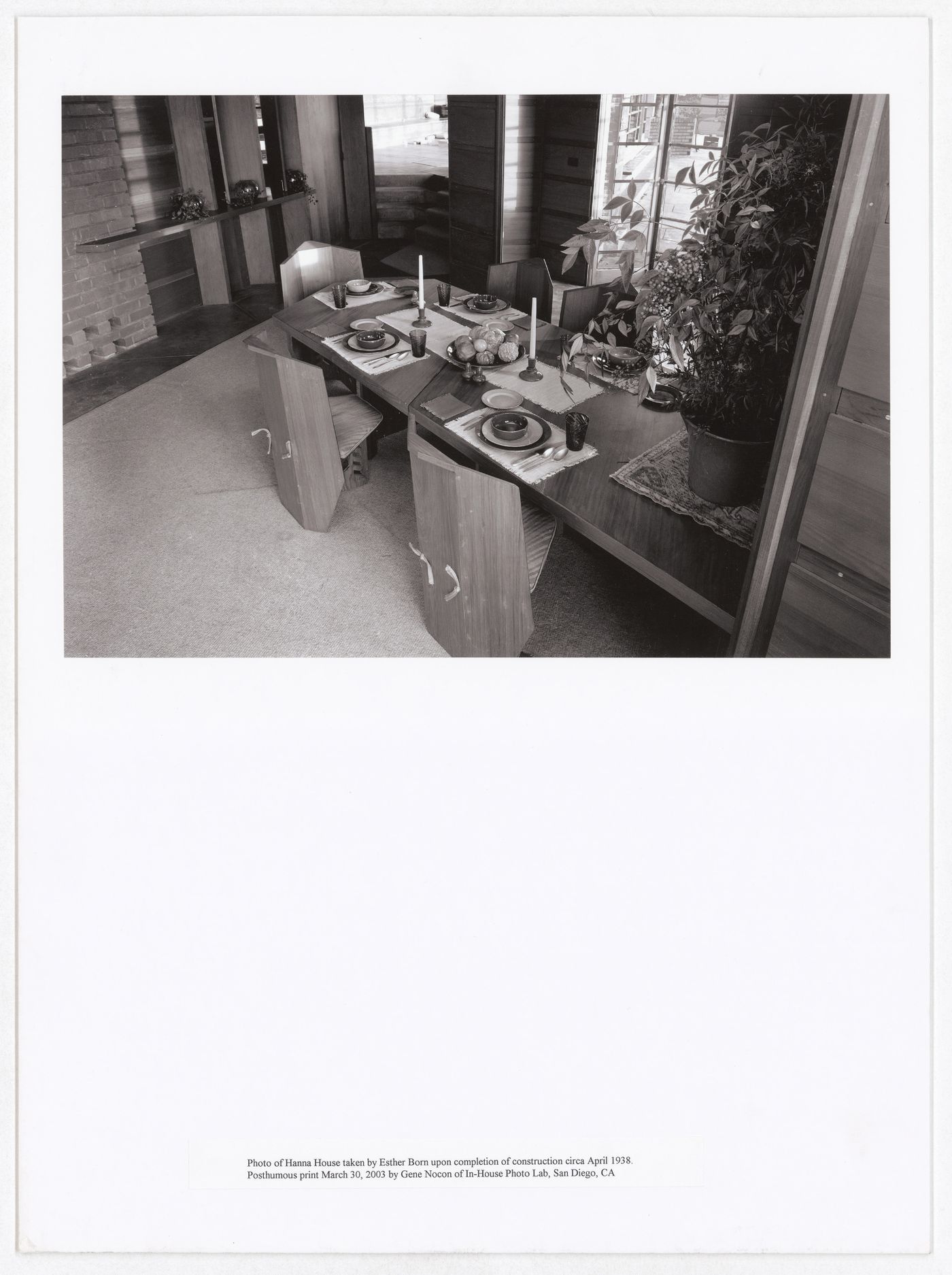 Interior view of the dining room showing a dining table, chairs, and place settings, the Hanna House, Palo Alto, California, United States