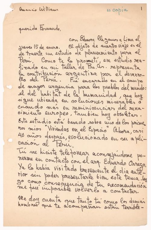 Correspondence, letter to Don Fernando Belaunde Terry from Amancio Williams for the project La ciudad que necesita la humanidad