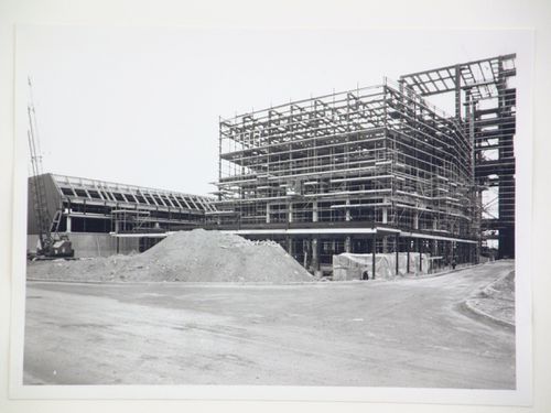 View of construction of steel structure for power station, from exterior, United Kingdom