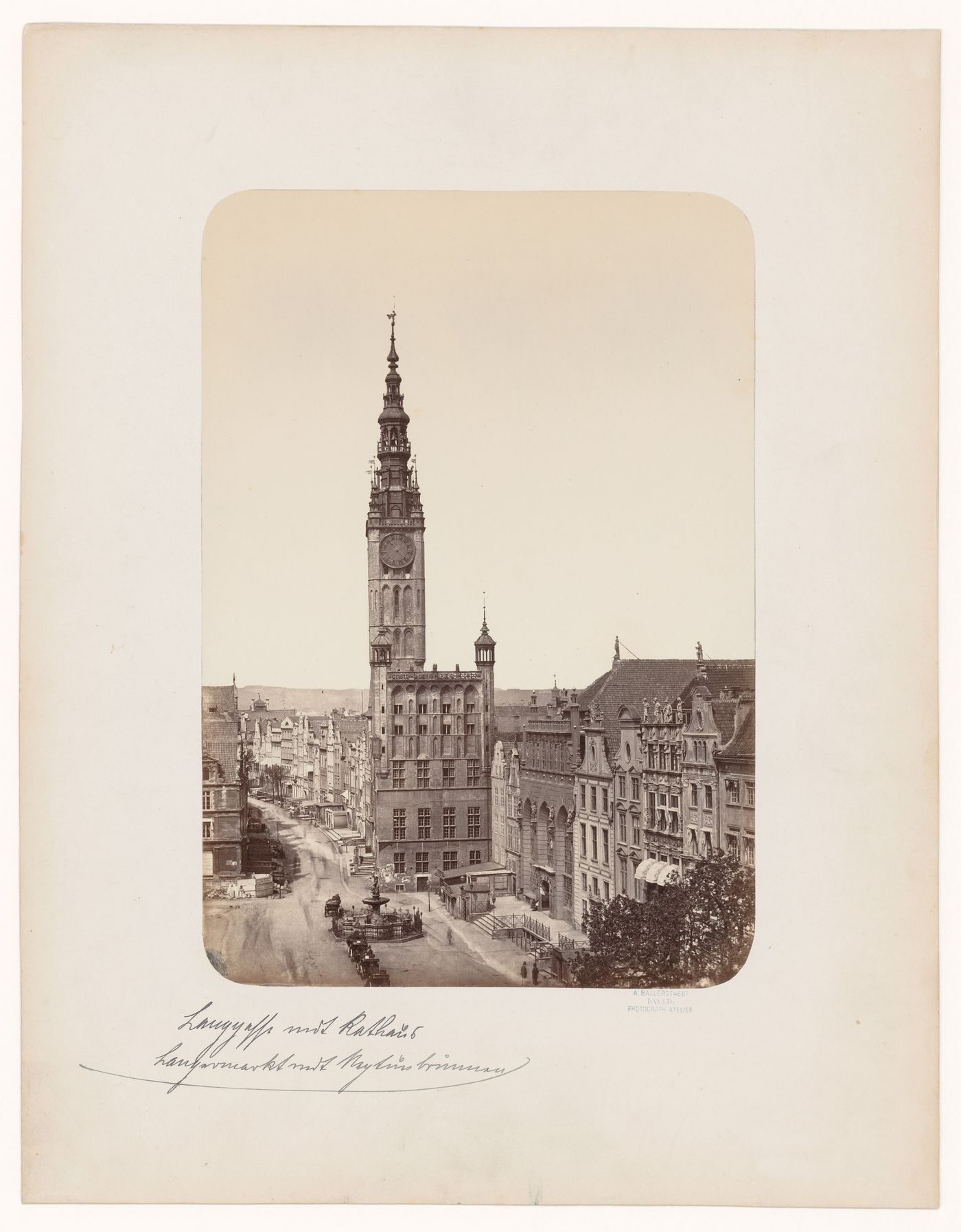View of the main street and market showing the town hall and fountain, Danzig, Germany