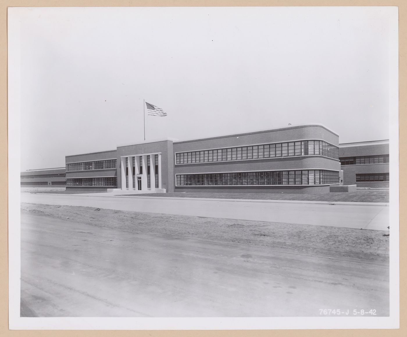View of the south façade of the Administration Building, Ford Motor Company Willow Run Bomber Assembly Plant, Willow Run, Michigan