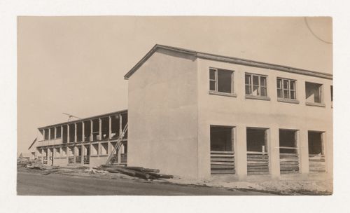 Exterior view of a kindergarten under construction in the First Block, Magnitogorsk, Soviet Union (now in Russia)