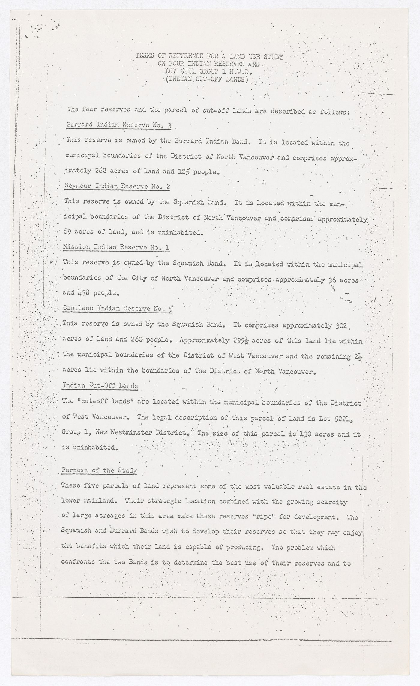 Terms of Reference for a Land Use Study on Four Indian Reserves and Lot 5221 Group 1 N.W.D. (Indian Cut-off Lands)