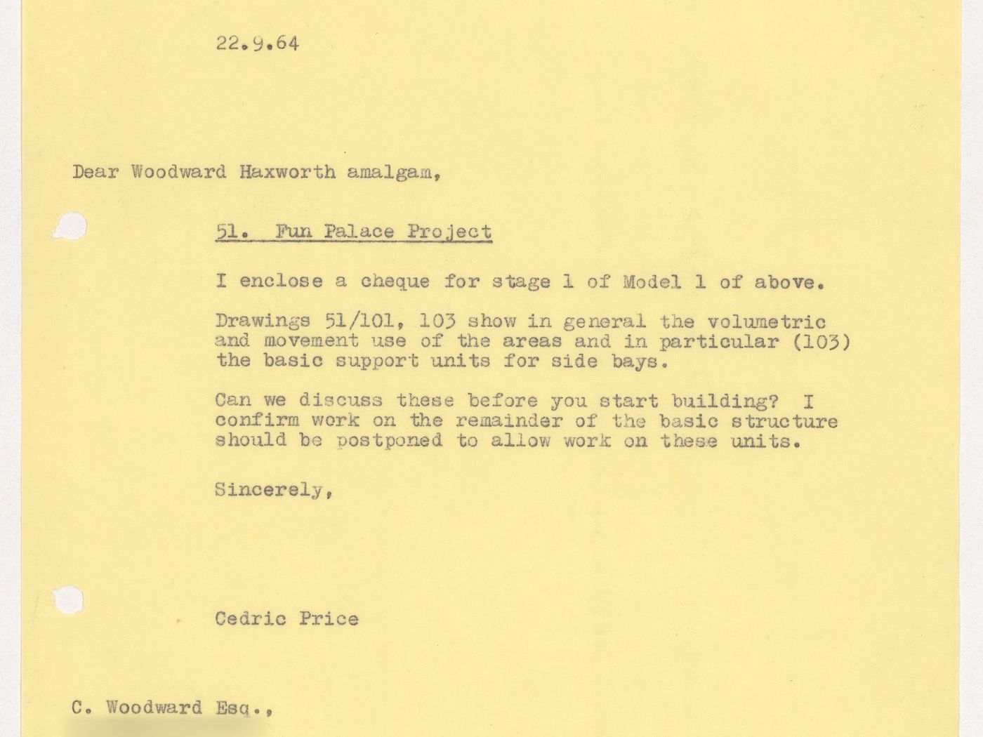 Letter from Cedric Price to C. Woodward regarding the Fun Palace Project