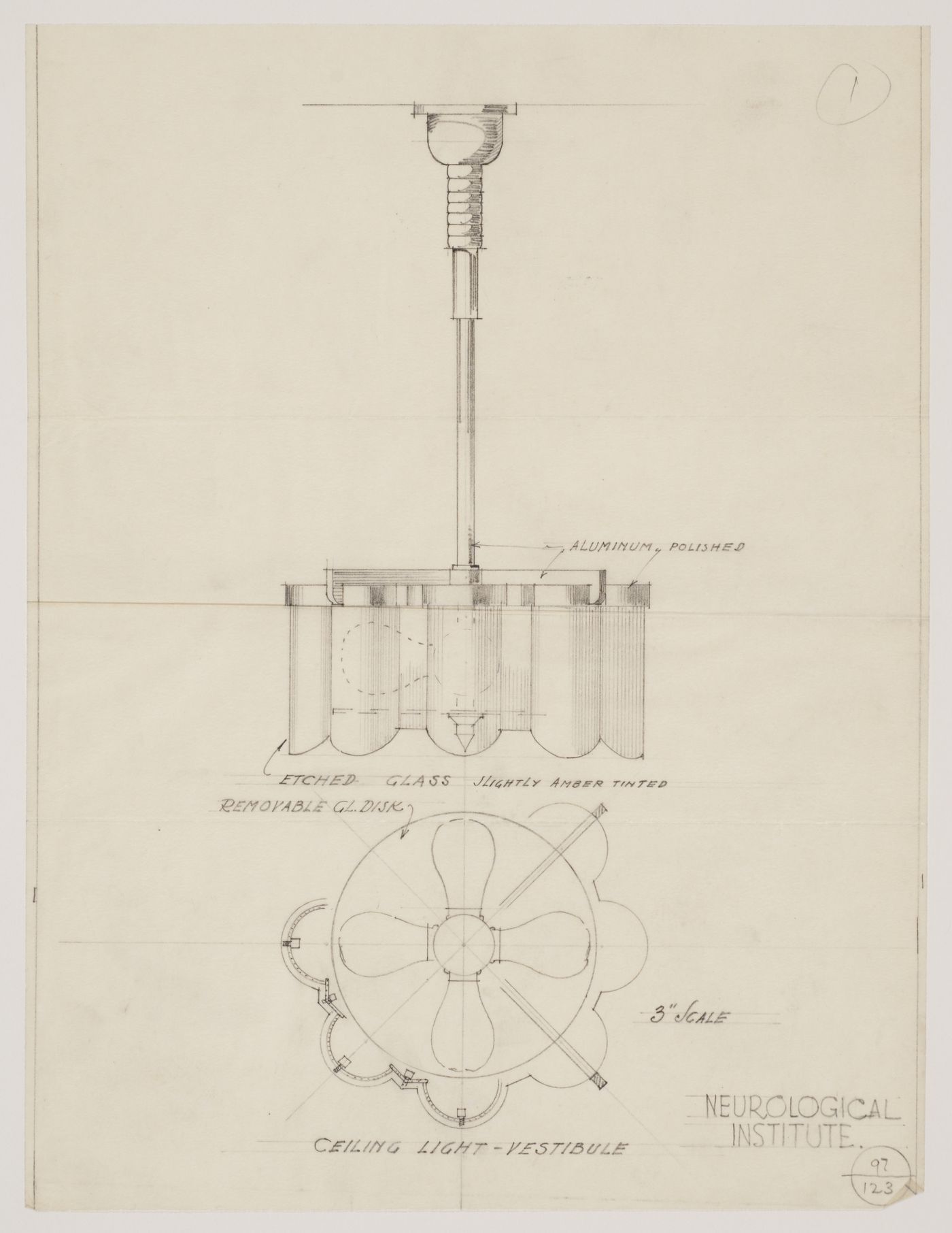 Montréal Neurological Institute, Montréal, Québec: drawing for ceiling light for vestibule