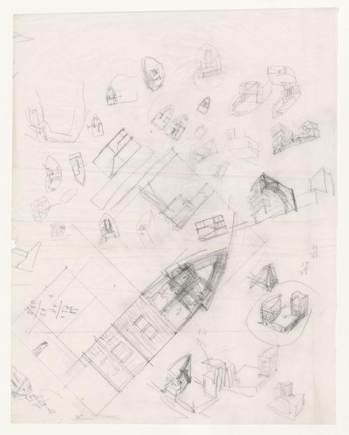 Sketch plans and perspectives for Duas habitações e duas lojas, The Hague, The Netherlands