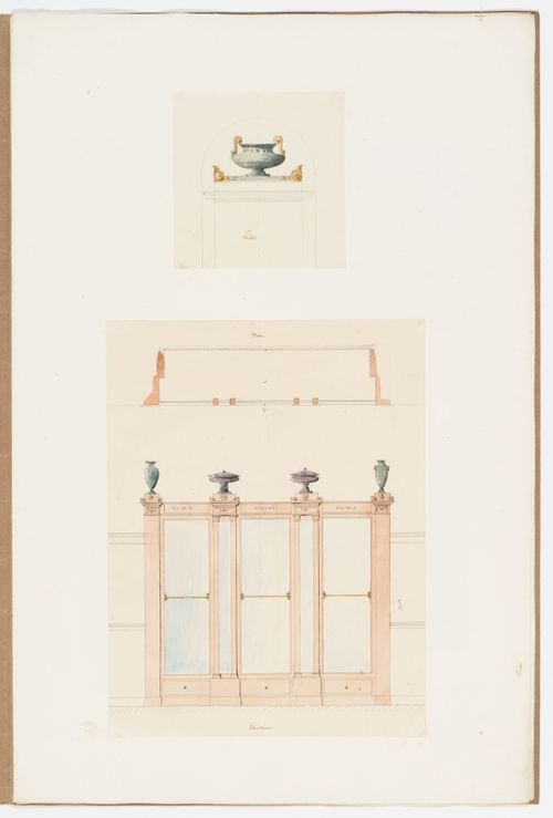 Elevation for an Empire style cabinet surmounted by vases; Elevation for a vase