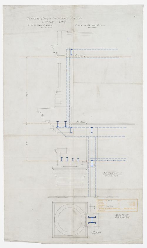 Section and plan of cornice for Central Union Passenger Station, Ottawa, Ontario