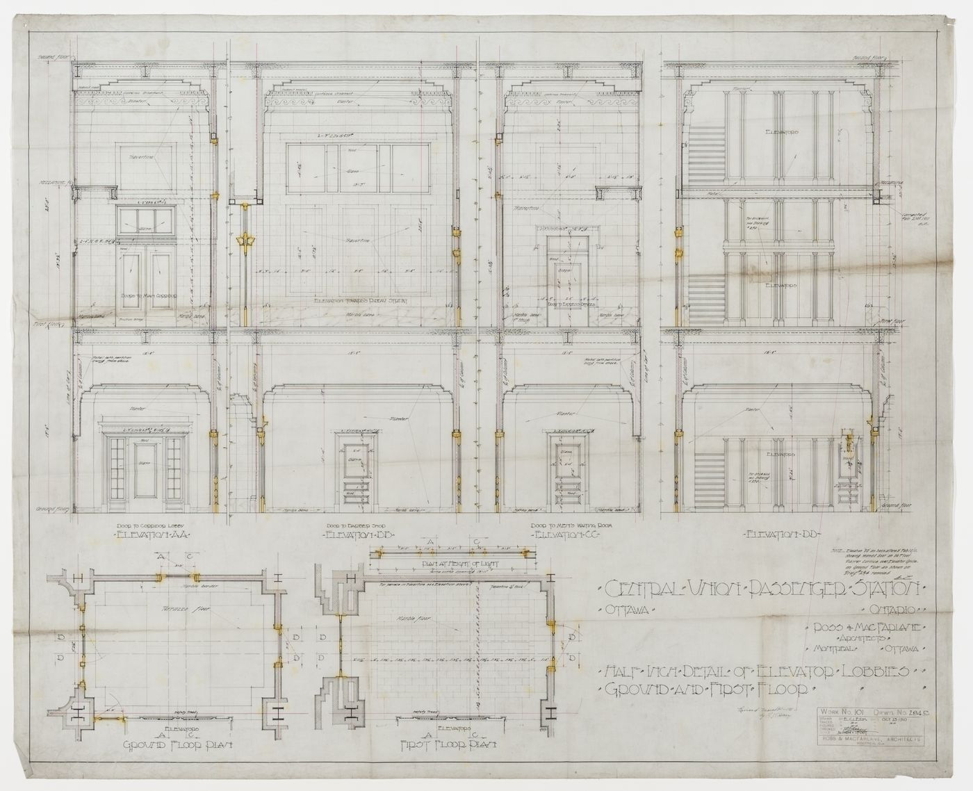 Elevations and plans for Central Union Passenger Station, Ottawa, Ontario