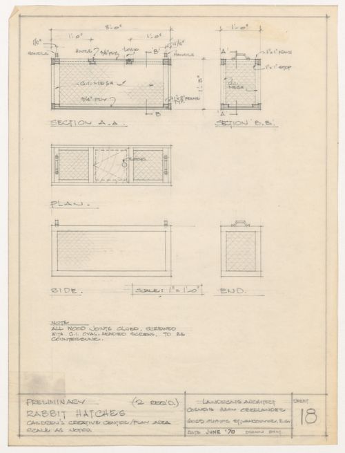 Preliminary plan and elevations for rabbit hatches for Children's Creative Centre Playground, Canadian Federal Pavilion, Expo '67, Montréal, Québec
