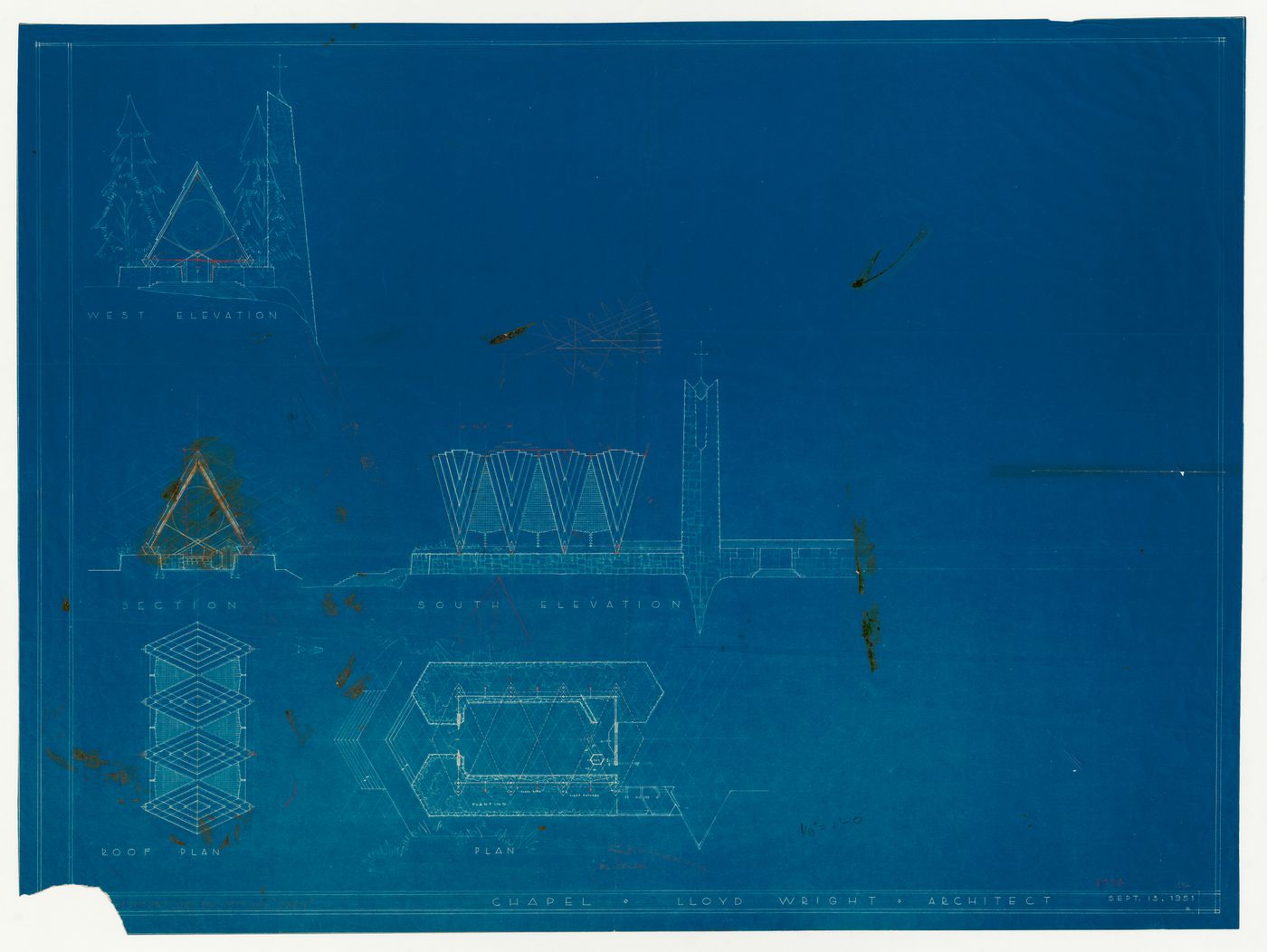 Snow Chapel, Laval, Québec: West and south elevations, section, ground plan and roof plan