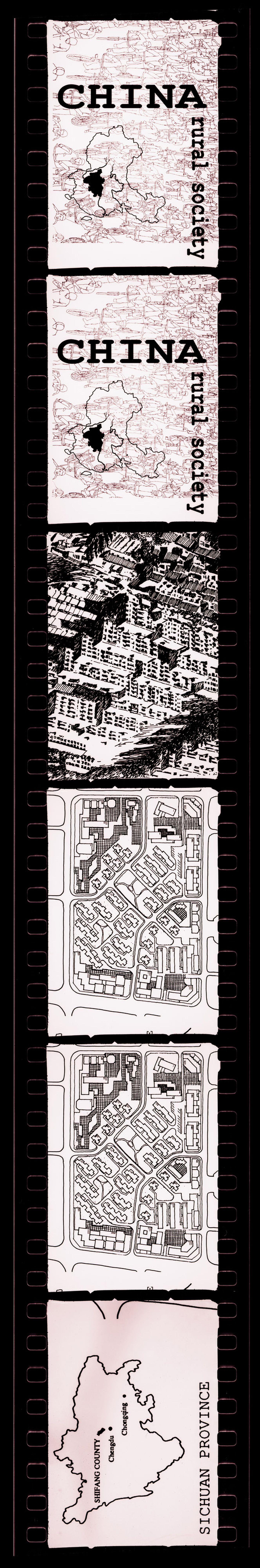 Negative strip of illustrations for the publication "Housing a Billion: Urban Upgrading: Design Ideals for Rural China" publication