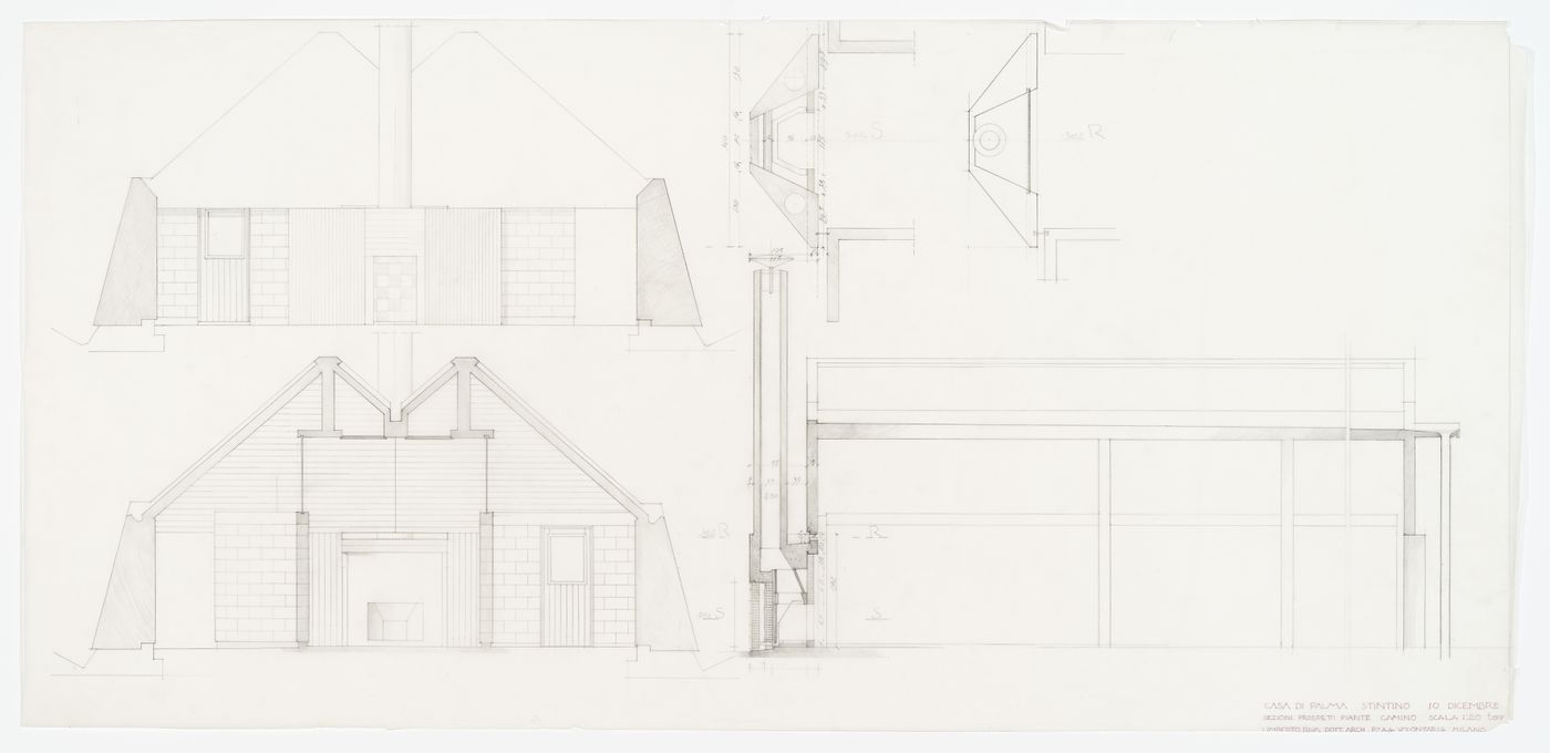 Elevation, plans of chimney, sections for Casa Di Palma, Stintino, Italy