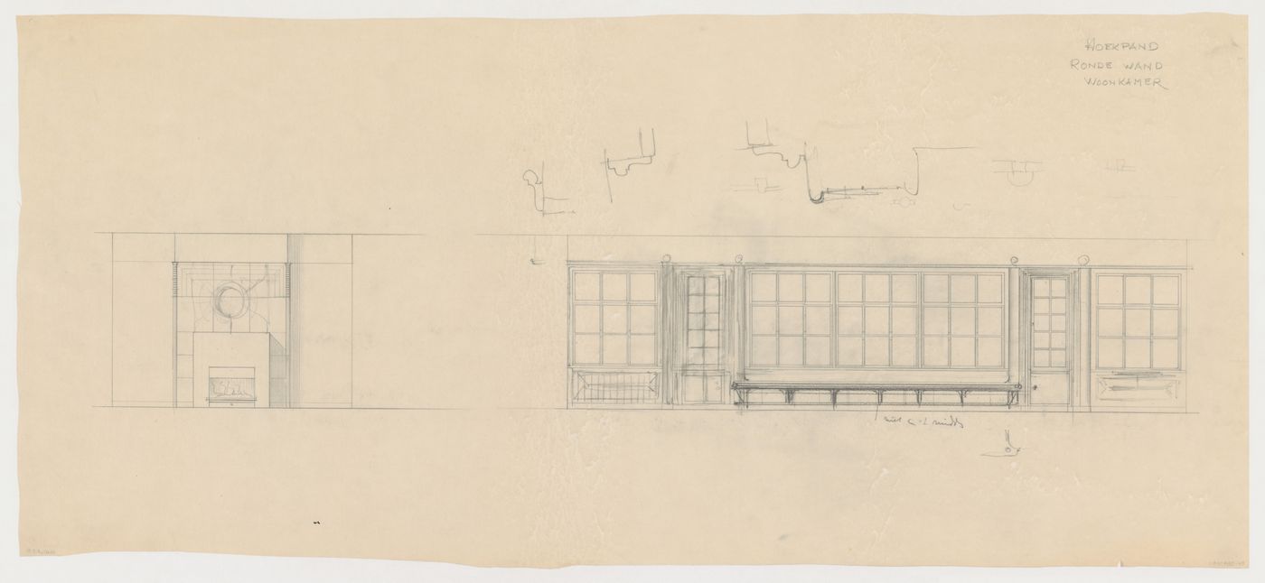 Elevations for a fireplace and a curved living room wall showing windows, a built-in window seat and molding details for Olveh mixed-use development, Rotterdam, Netherlands