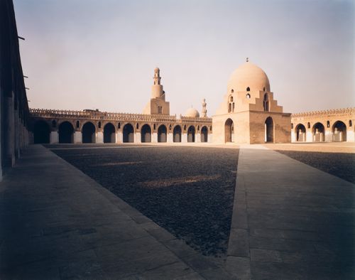 Mosque of Ibn Tulan, view of inner courtyard with two angled pathways converging in foreground, Cairo, Egypt