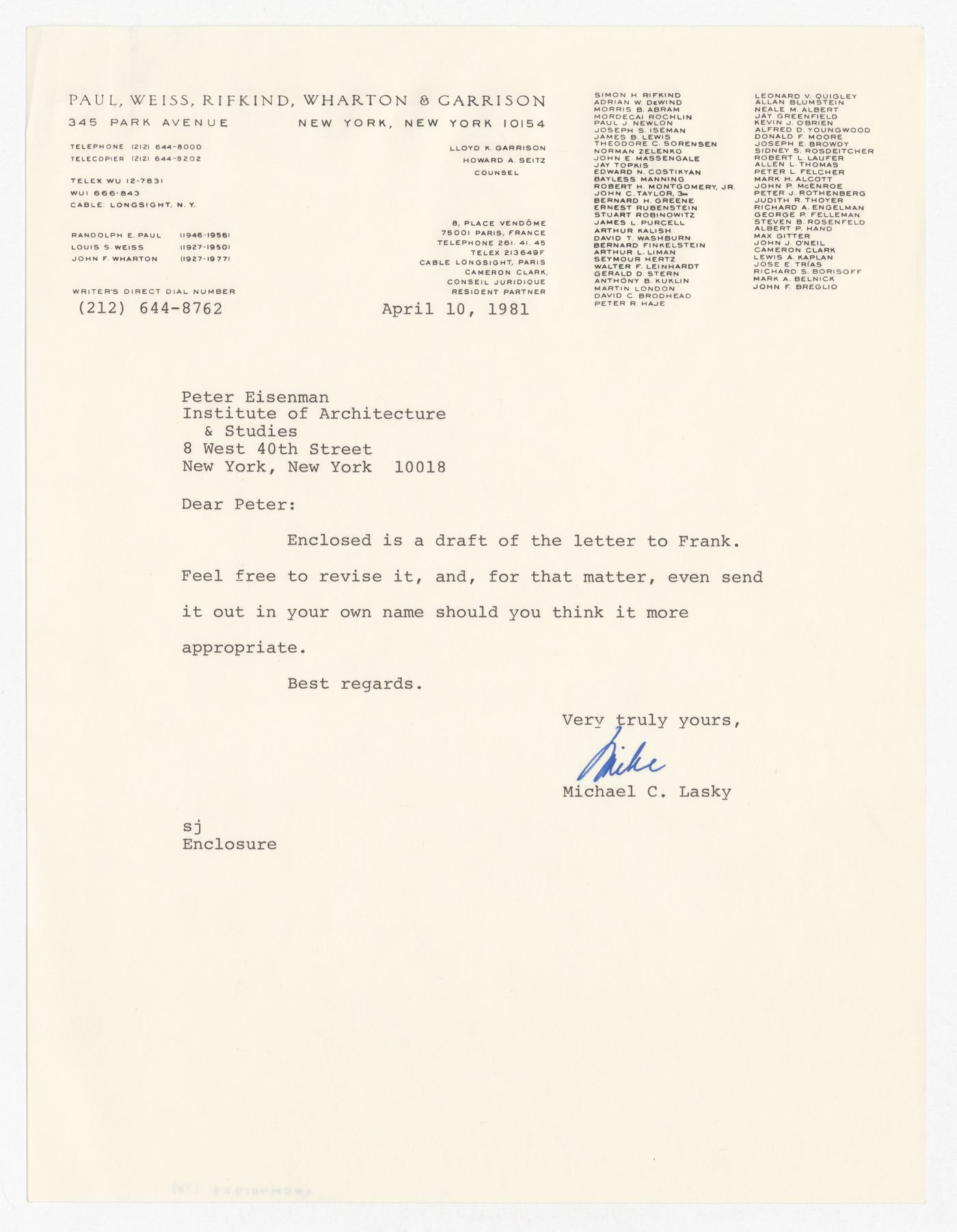 Letter from Michael C. Lasky to Peter D. Eisenman with attached draft letter to Frank Urbanowski about agreement between IAUS and MIT Press to address the cumulative operating deficit for Oppositions Journal for 1977-1980  with annotations by Peter D. Eisenman