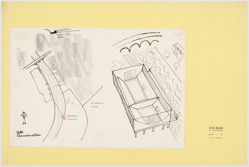 Site plan and perspective sketch for an ice rink at Richmond, Richmond upon Thames, London, England