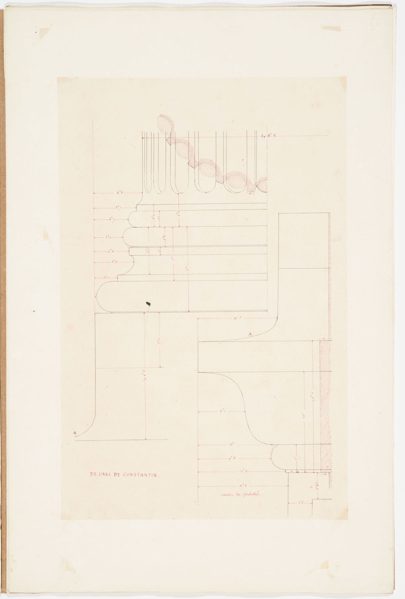 Elevation of a base and lower part of a fluted shaft from the Arch of Constantine, Rome, with a profile of a pedestal cornice