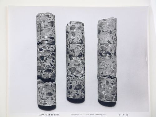 Studio view of concrete cores from main carriageway of the Swanley Bypass, England