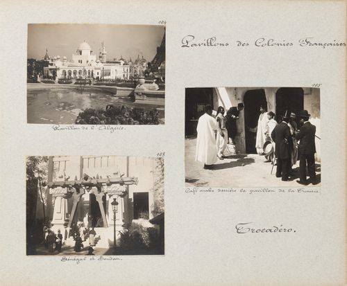 View of people standing in front of café behind Pavillon de la Tunisie, Exposition universelle, 1900, Paris, France