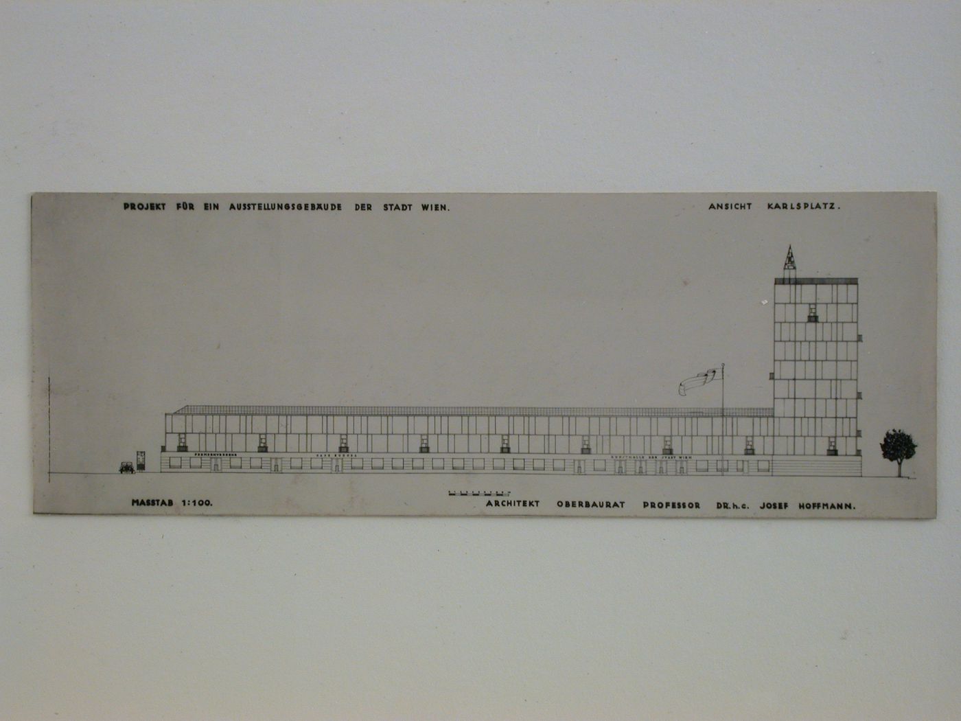 Photograph of a line drawing for the principal façade and the tower of the Ausstellungsgebäude [Art and Exhibition Hall] for Karlplatz, Vienna, Austria