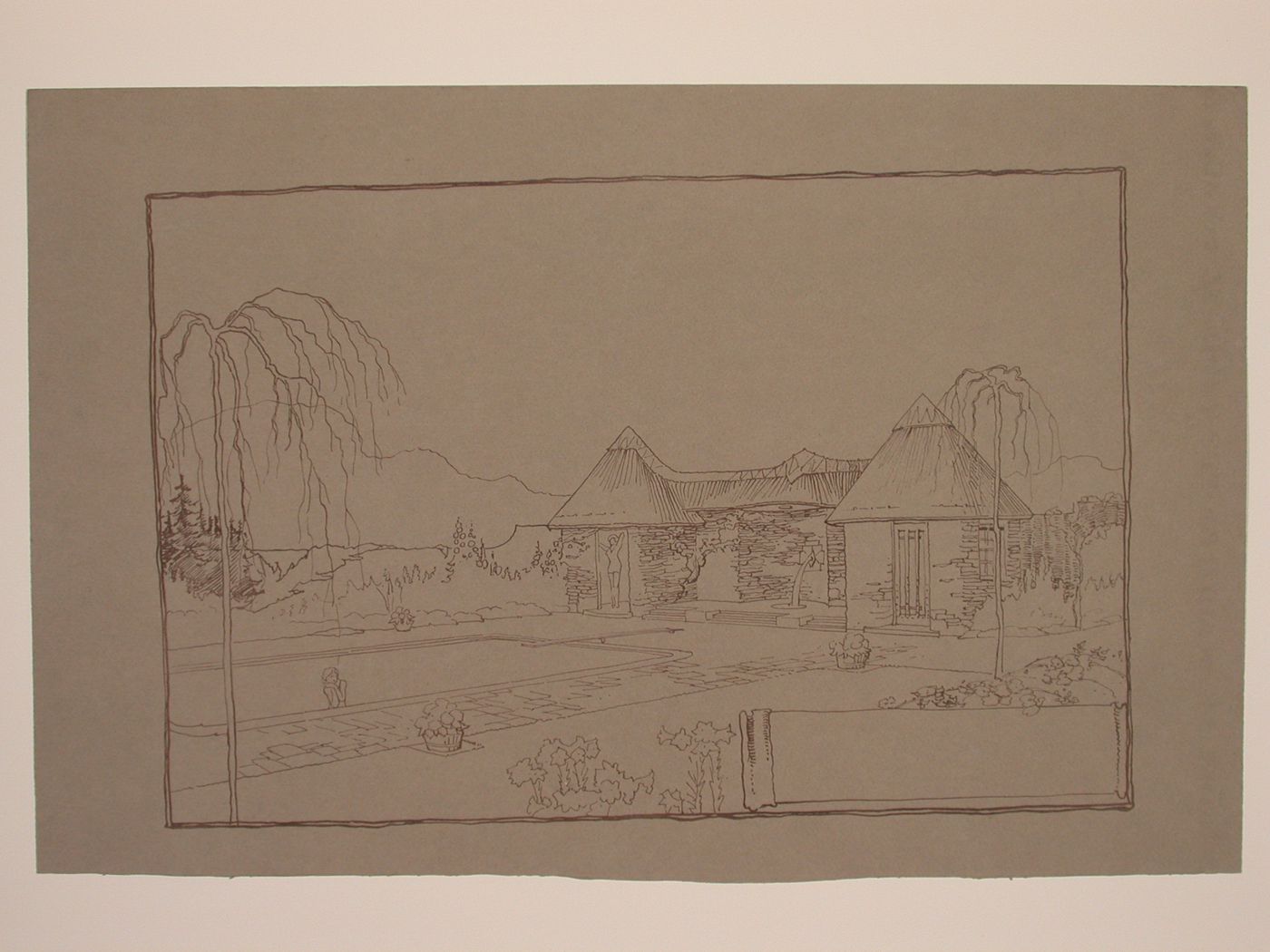 Perspectival view showing a bathhouse and swimming pool