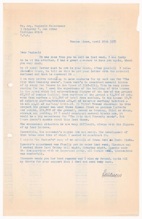 Correspondence, letter to Reginald Malcolmson from Amancio Williams