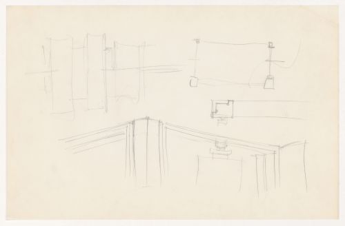 Perspective sketch showing window mullions and column connection at corner, sketch elevation for brick coursing and sketch sectional details for a column for the Metallurgy Building, Illinois Institute of Technology, Chicago