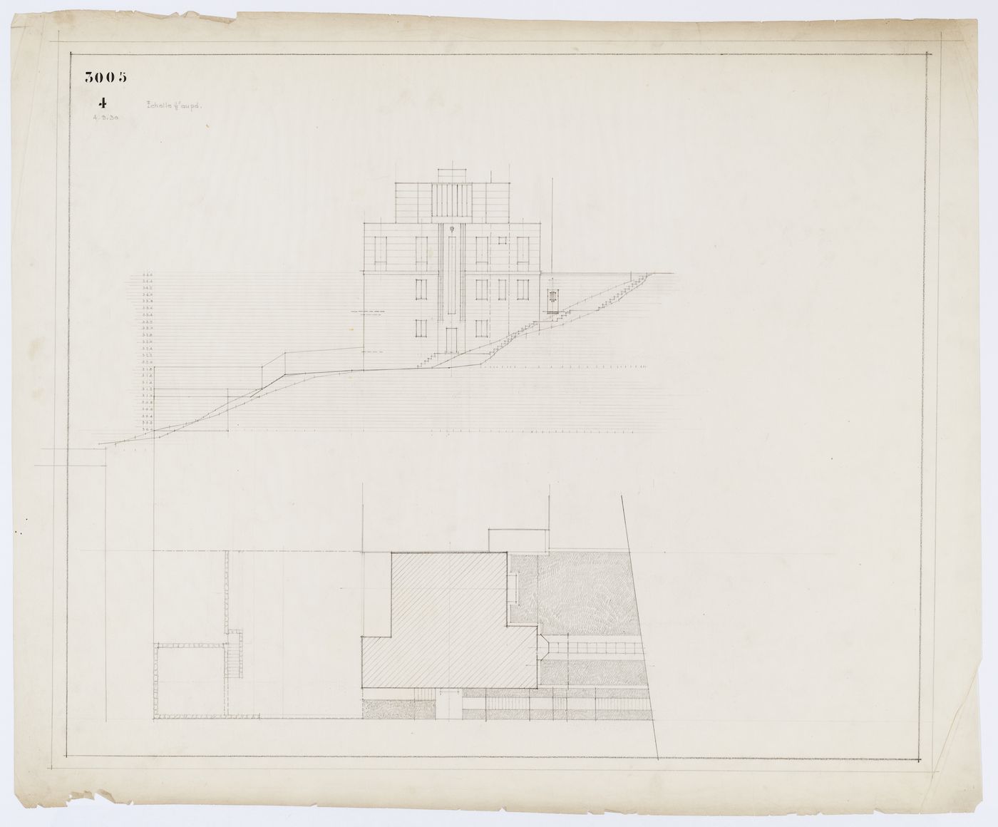 Élévation et plan d'implantation, Résidence Ernest Cormier, 1418 Avenue des Pins Ouest, Montréal (1929-1957)