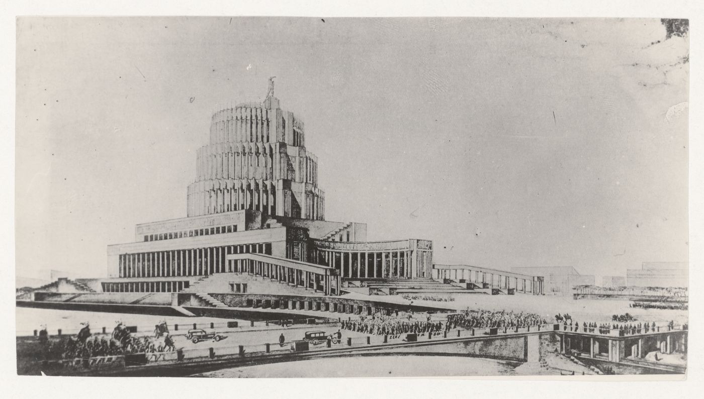 Photograph of a perspective drawing for the fourth round of competition for a Palace of Soviets, Moscow