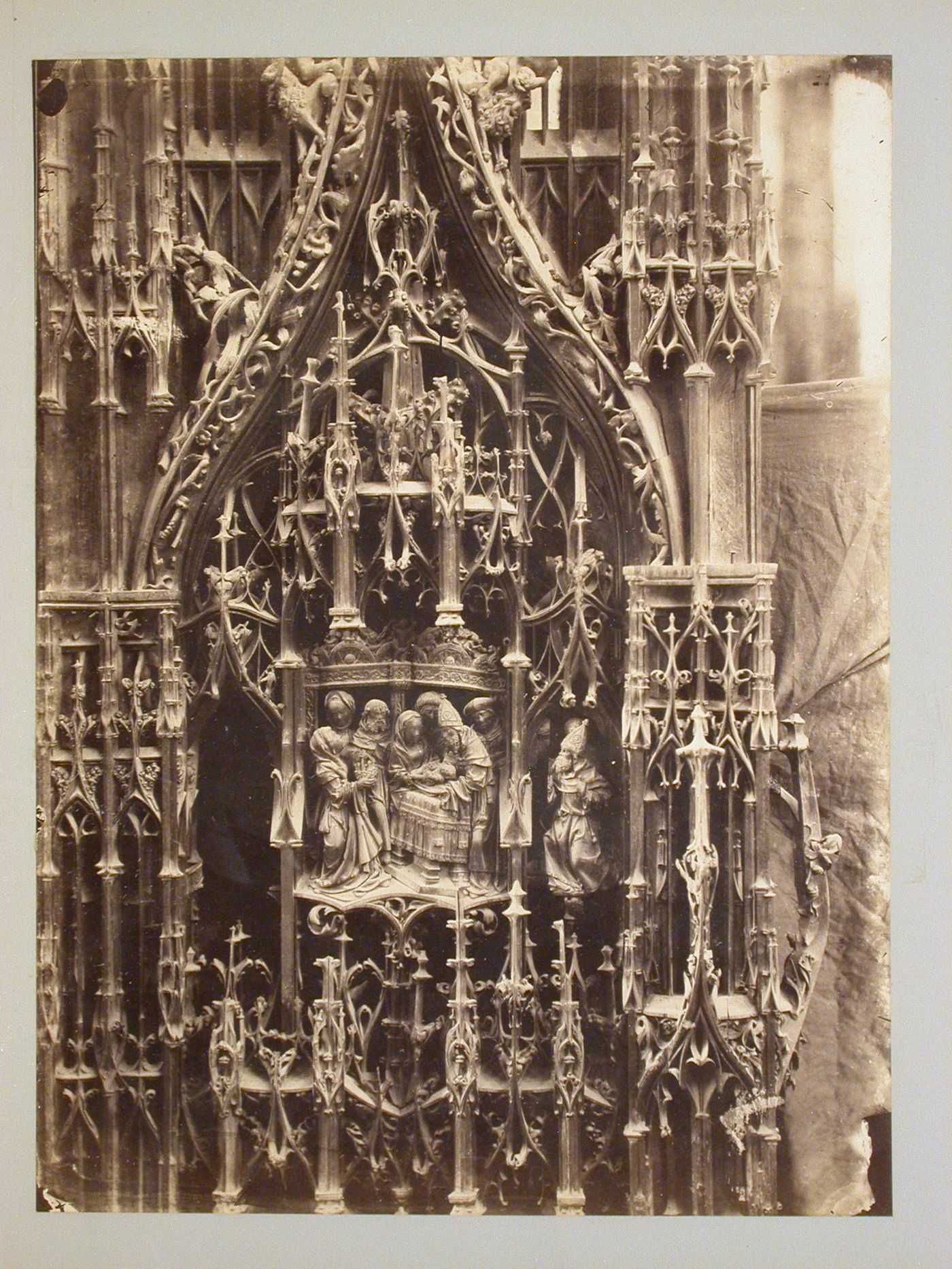 Amiens Cathedral choir, close-up of wooden carvings at end of choir stalls, Amiens, France