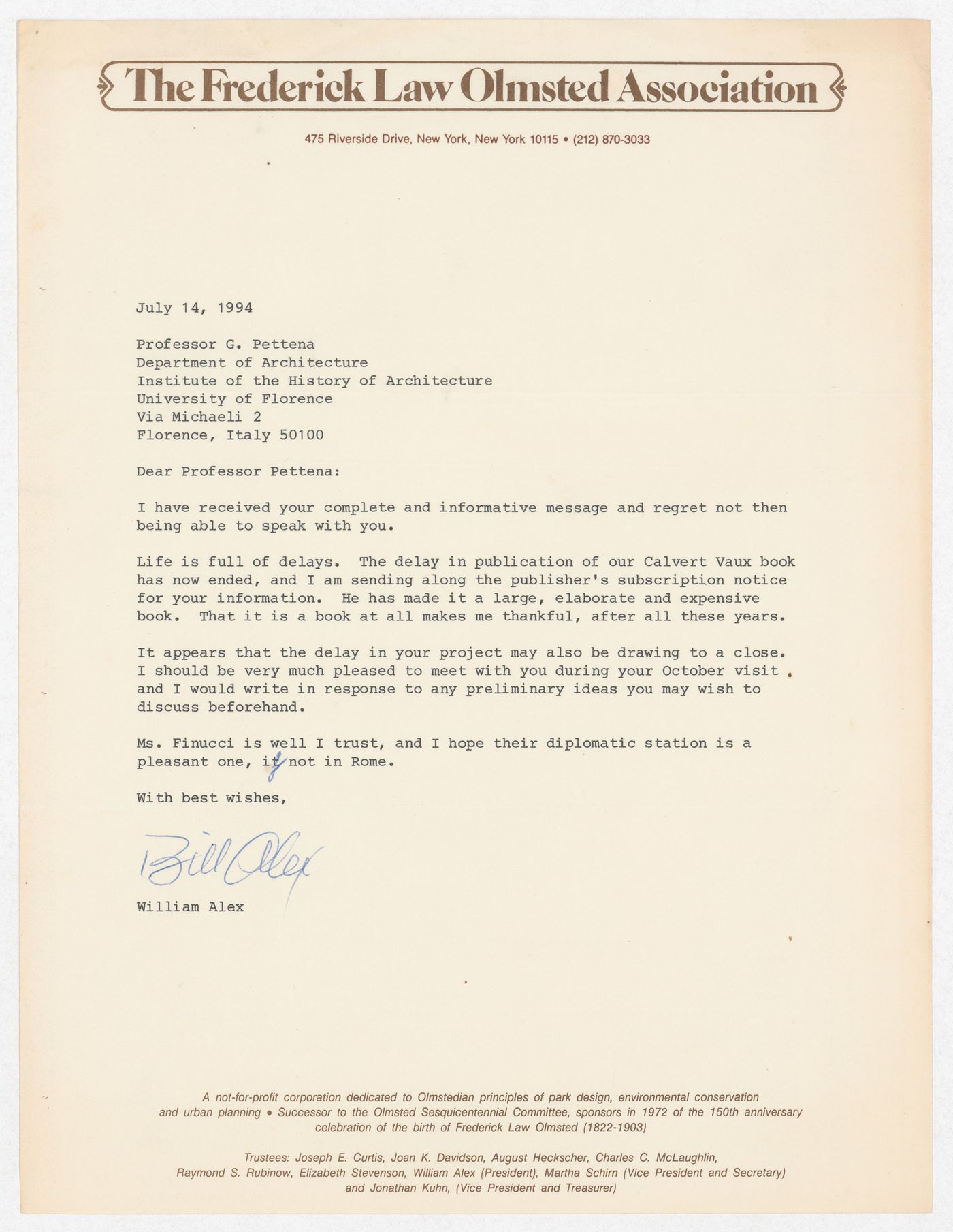 Correspondence with William Alex of The Frederick Law Olmsted Association for the exhibition Olmsted: L'origine del parco urbano e del parco naturale contemporaneo