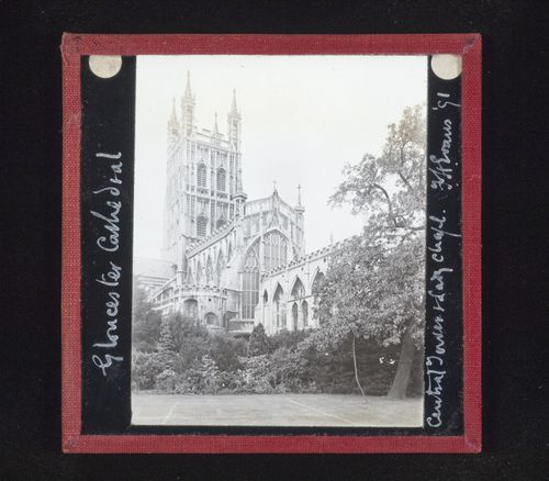 View of central tower and Lady Chapel of Gloucester Cathedral, Gloucester, Gloucestershire, England