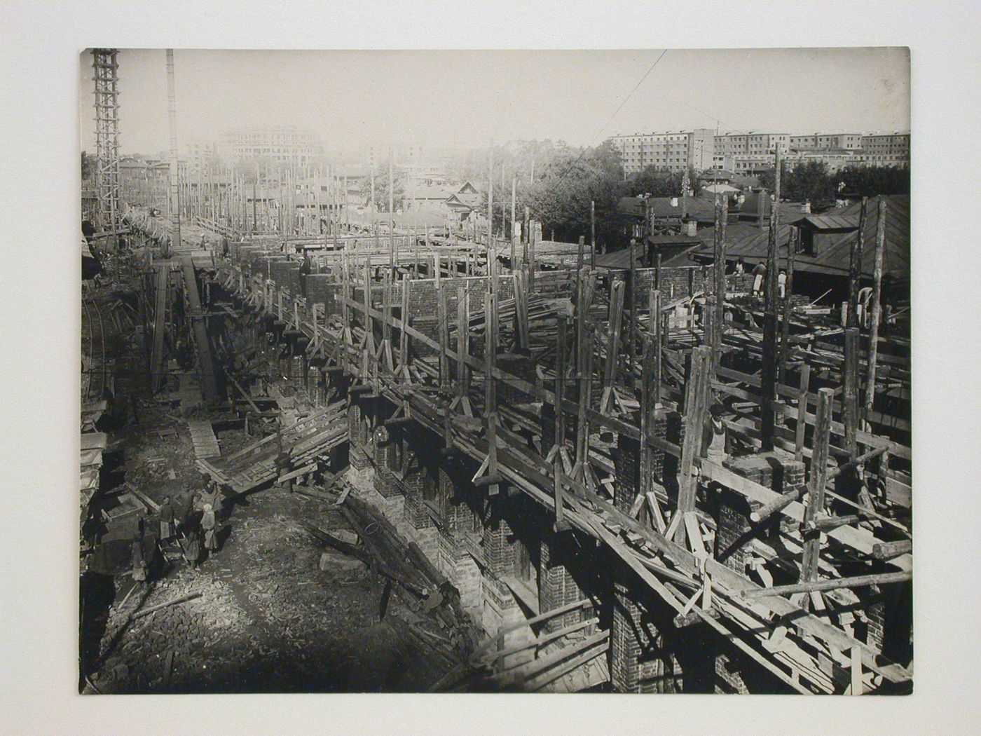 View of the Building of Industry construction site showing scaffolding, Sverdlovsk, Soviet Union (now Ekaterinburg, Russia)