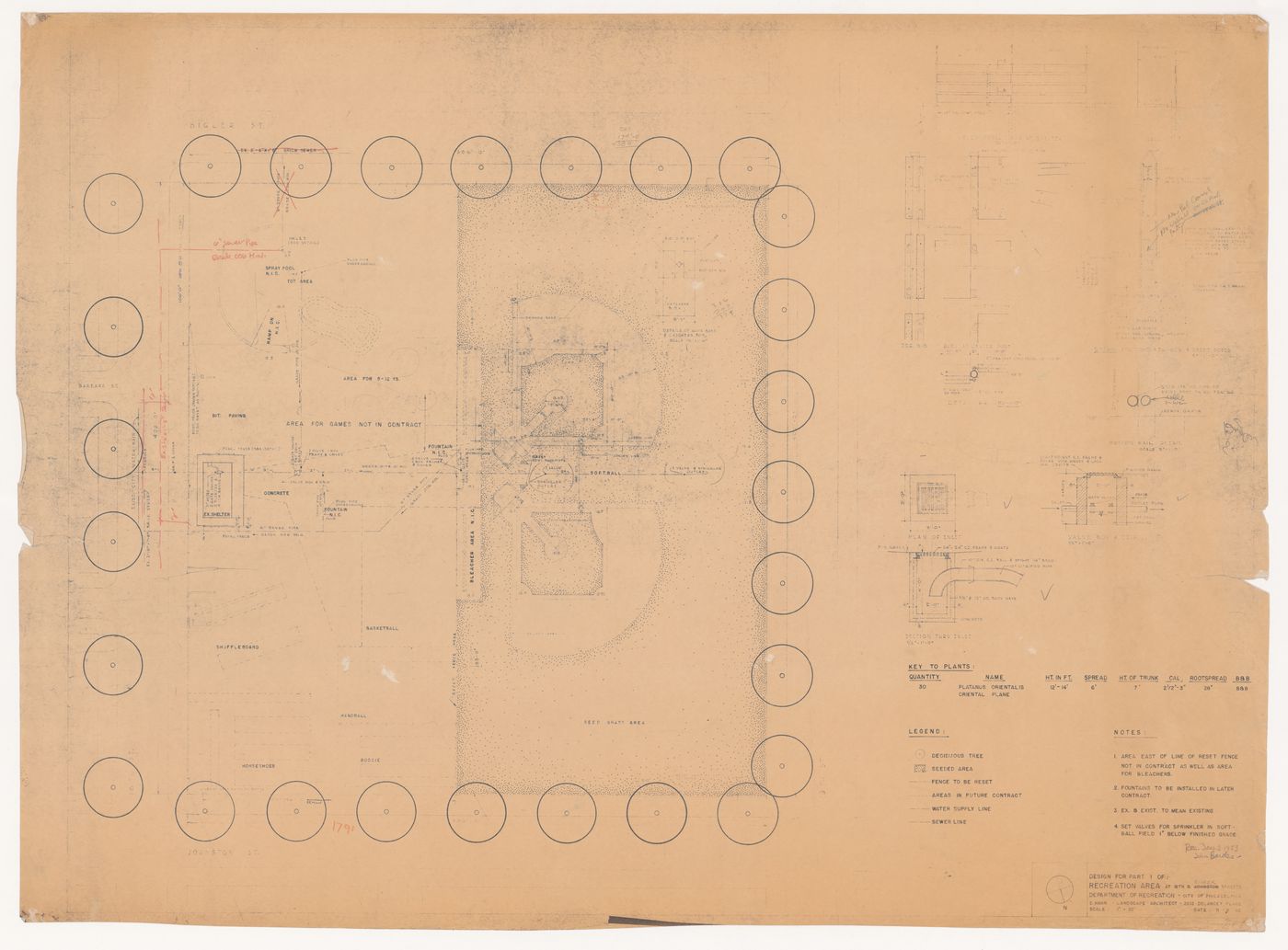Site plan with details and notes for recreational area at 18th and Bigler Streets, Philadelphia, Pennsylvania