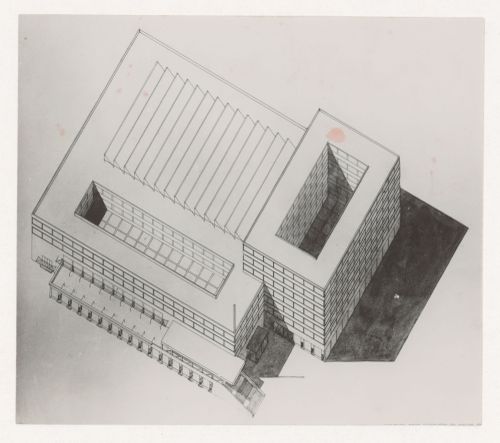 Photograph of a bird's-eye axonometric drawing for the New Stock Exchange Building, Rotterdam, Netherlands