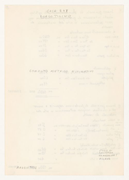 Draft calculations for Casa Bay, Borgo Ticino, Italy