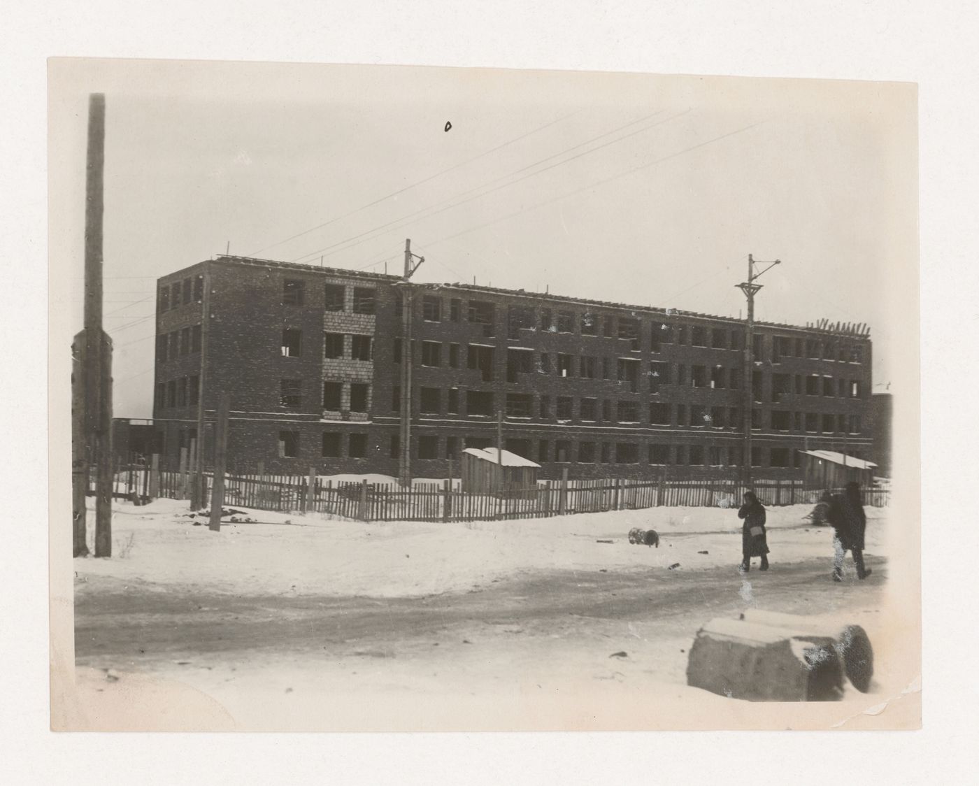 View of the rear façade of housing under construction, Stalinsk, Soviet Union (now Novokuznetsk, Russia)