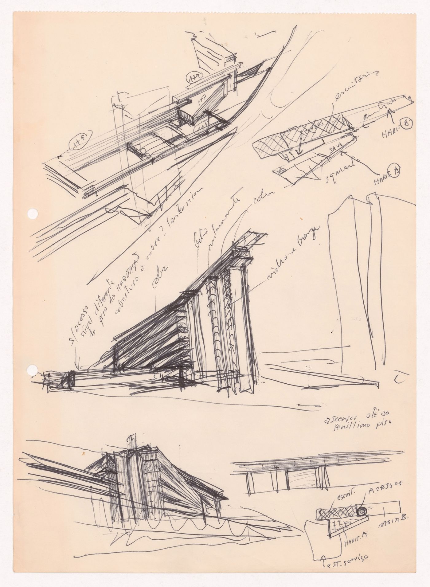 Sketch perspectives and axonometric views with annotations for Habitações Colectivas da Sacor, Matosinhos, Portugal