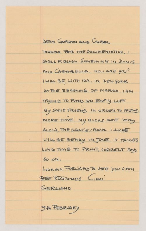 Letter from Germano Celant to Gordon Matta-Clark