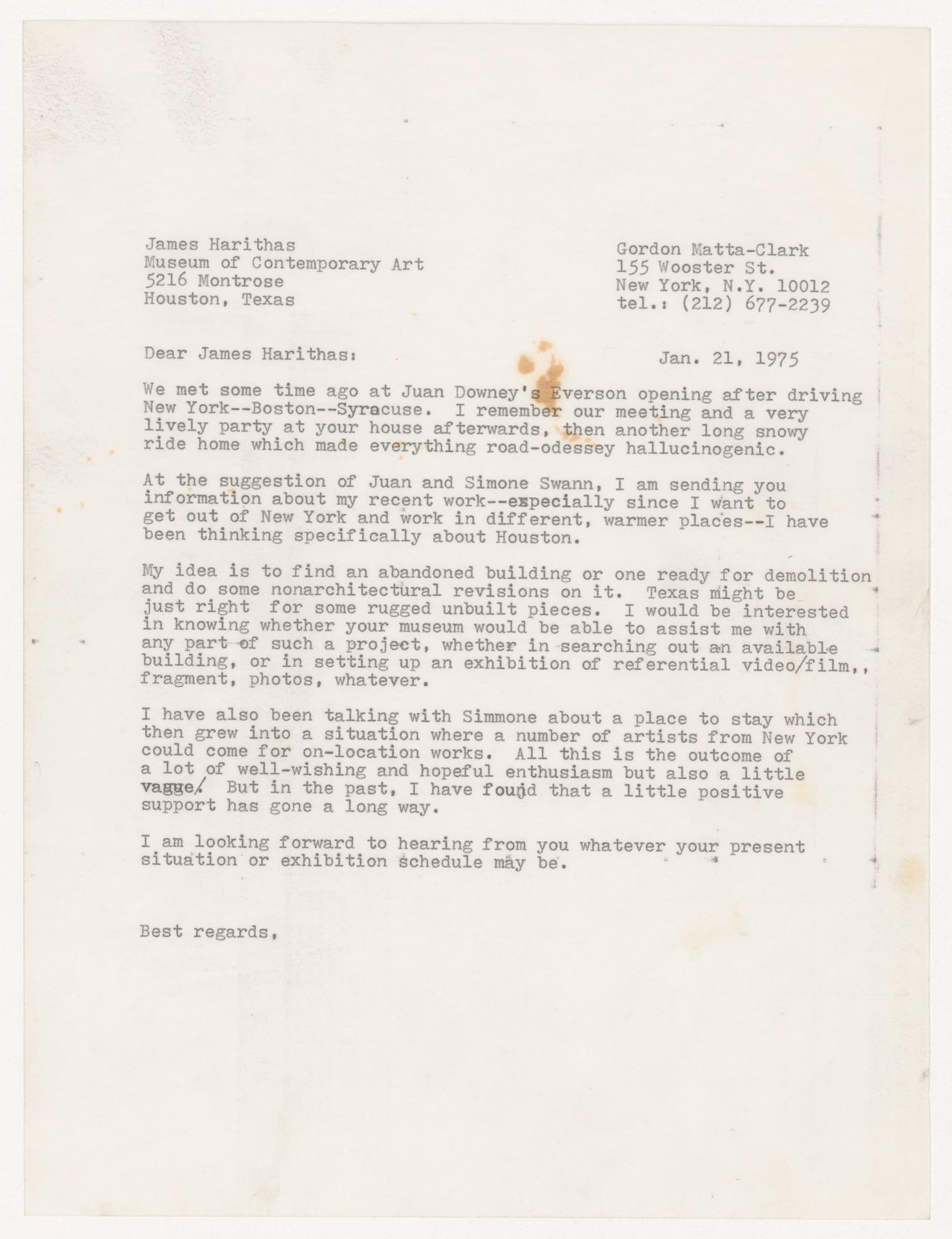 Letter from Gordon Matta-Clark to James Harithas