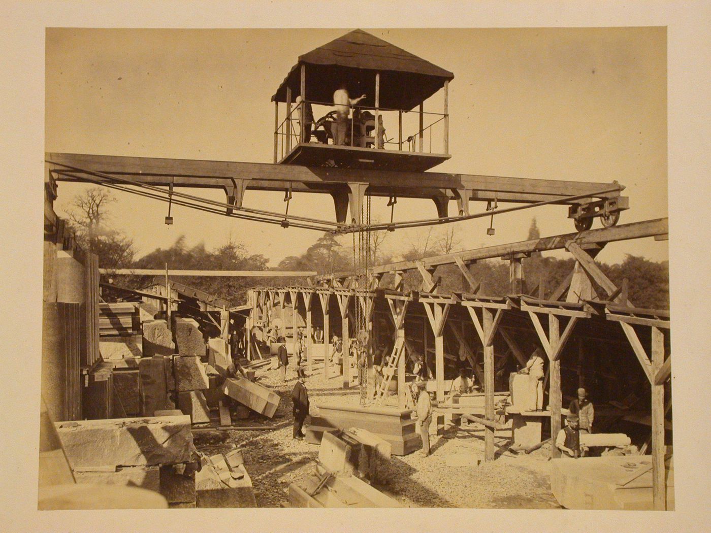 View of the Albert Memorial construction site showing a workshop, Hyde Park, London, England