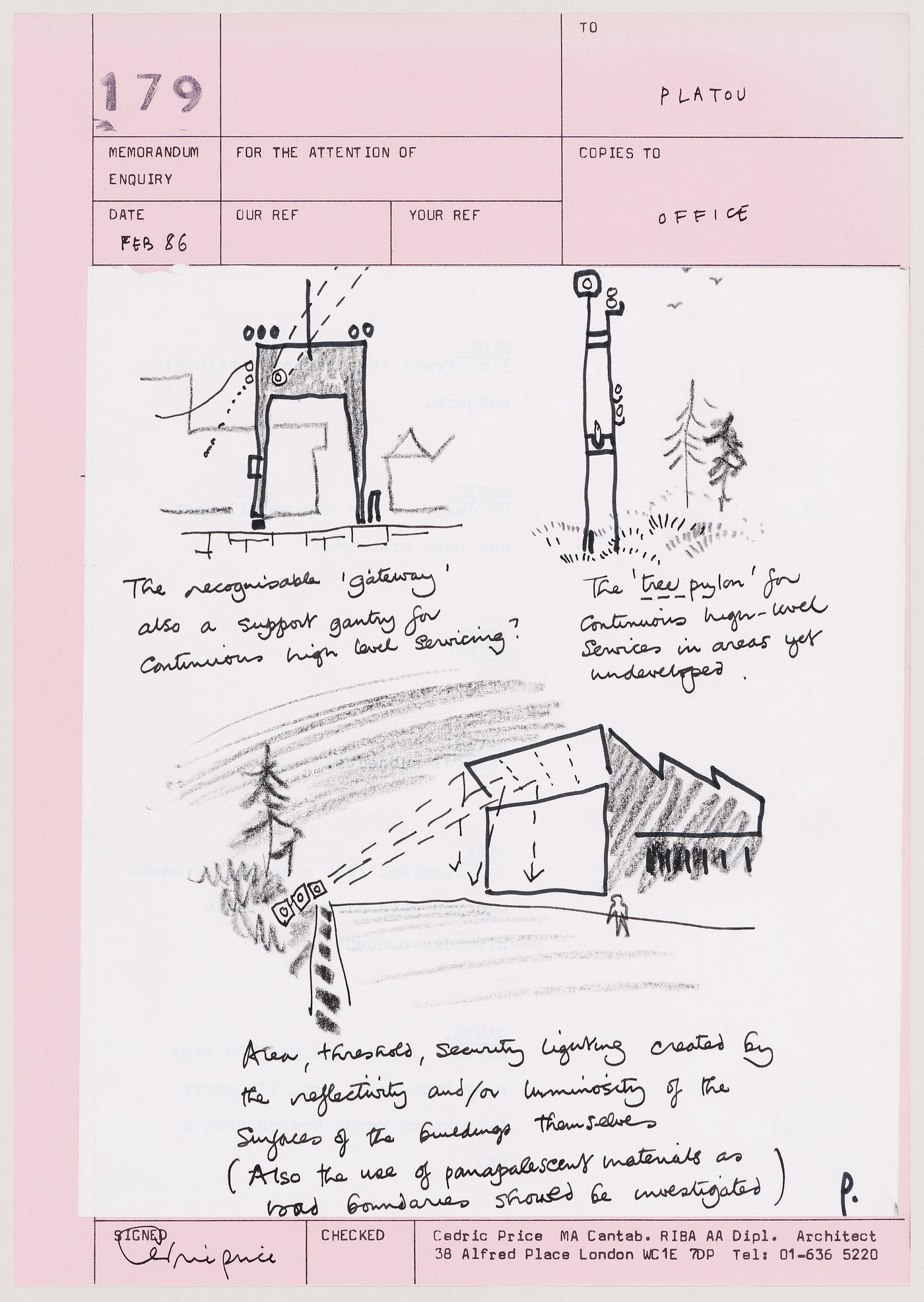 Ski: sketches and notes for a gateway, a tree pylon, and area, threshold and security lighting