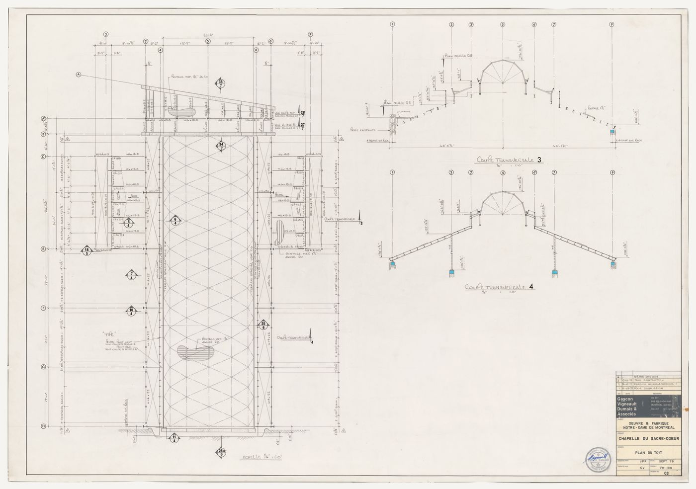 Plan and sections for the roof for the reconstruction of the Chapelle du Sacré-Coeur, Notre-Dame de Montréal