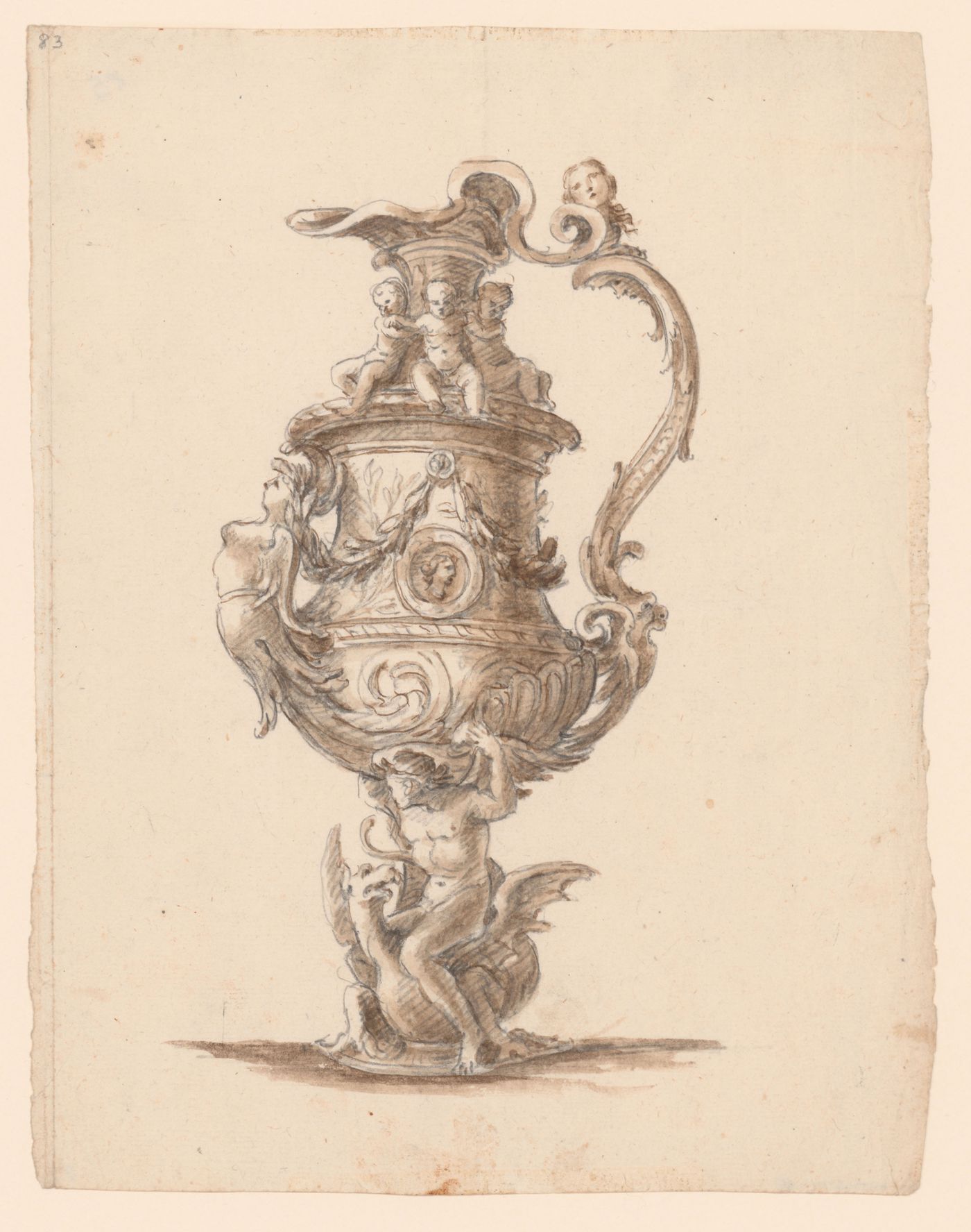 Drawing for an ornamental vase with a male figure riding a bat-winged monster