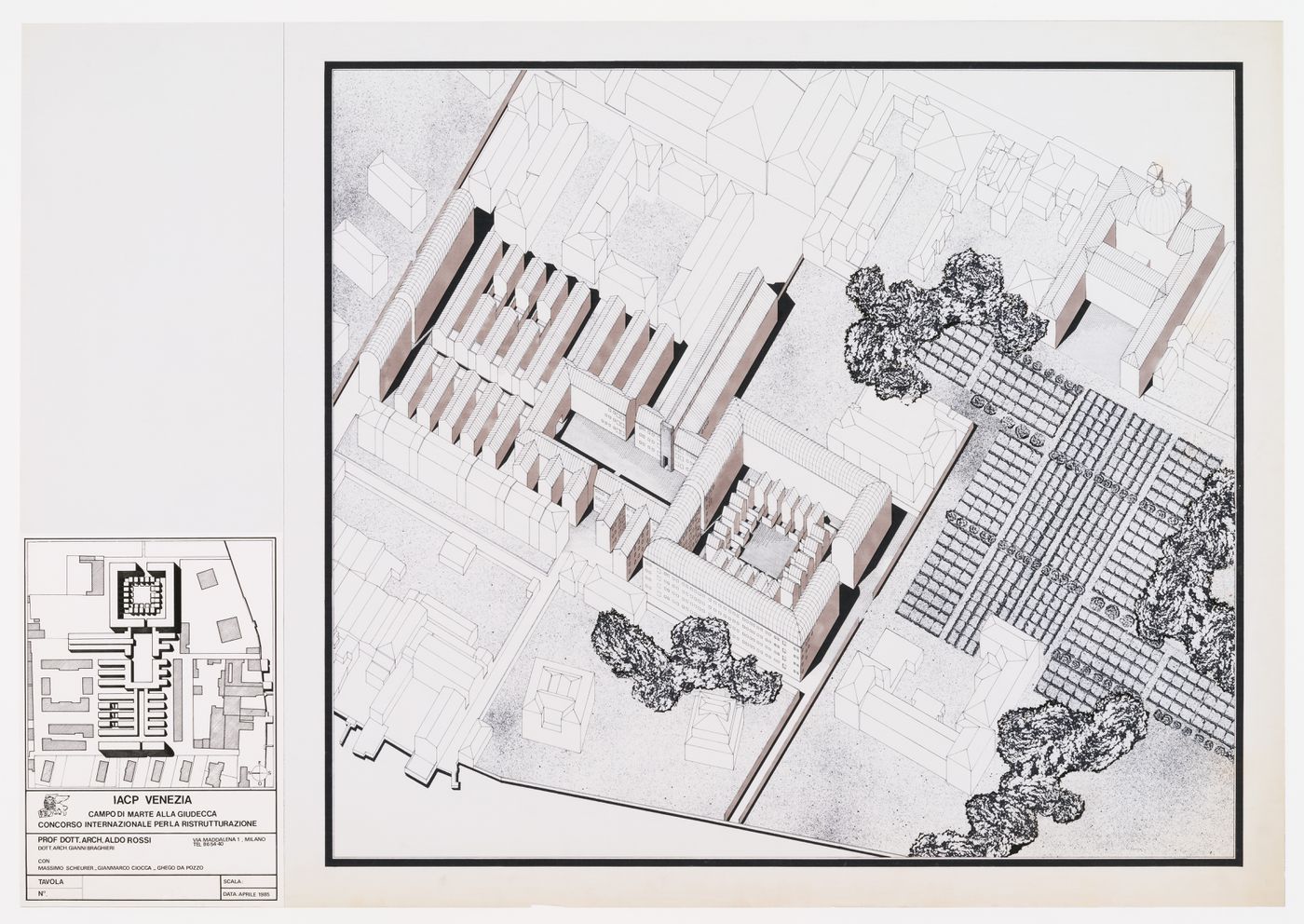 Project for redevelopment of the Campo di Marte area of La Giudecca, Venice, Italy: axonometric with shadows and vegetation