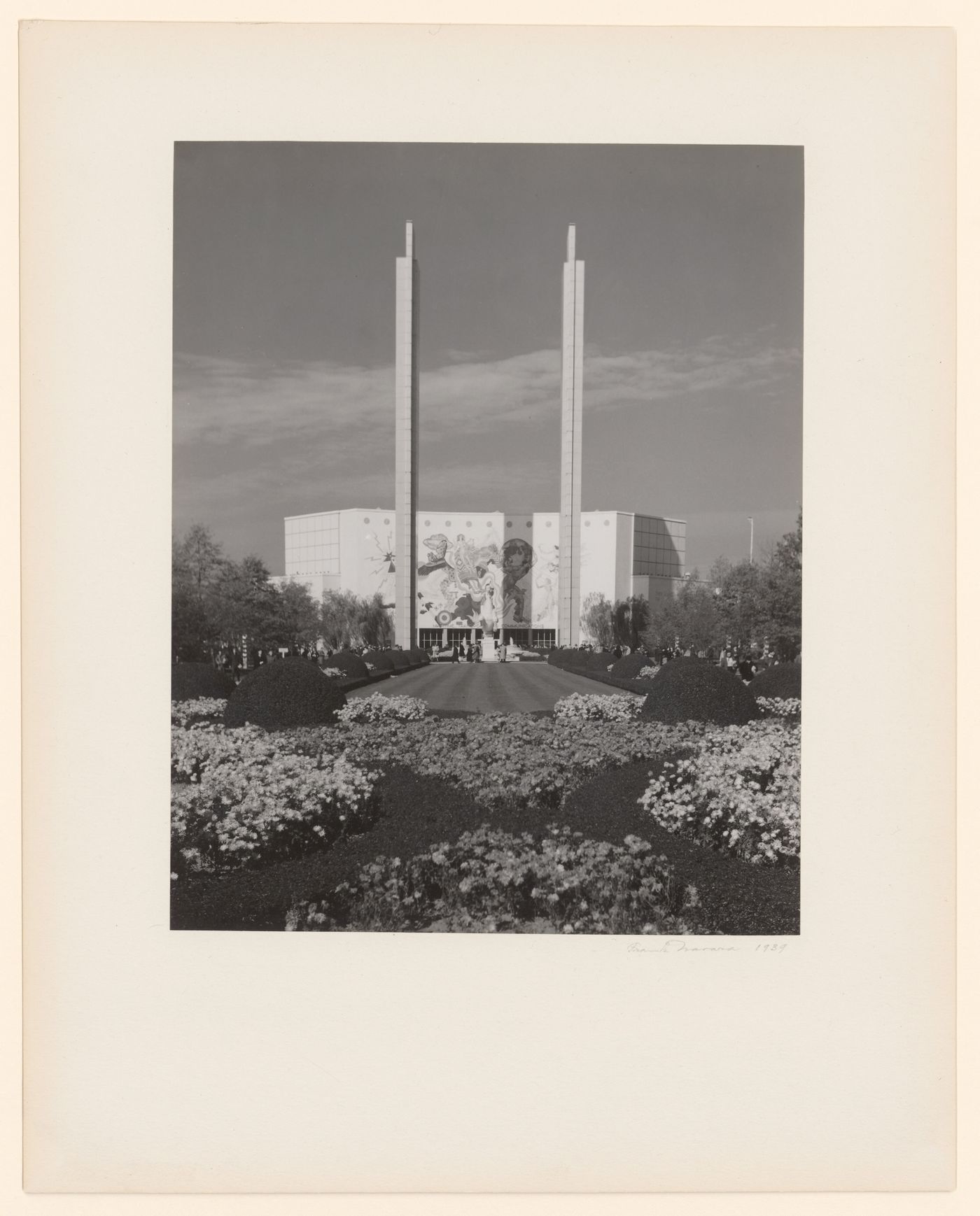 New York World's Fair (1939-1940): View of landscaped Mall, front façade of Maritime, Transportation and Communications Building