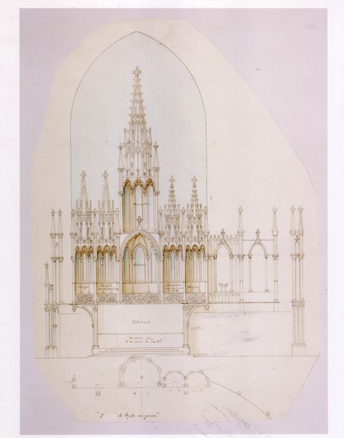 Plan and elevation for the high altar [?] for the interior design by Bourgeau et Leprohon for Notre-Dame de Montréal
