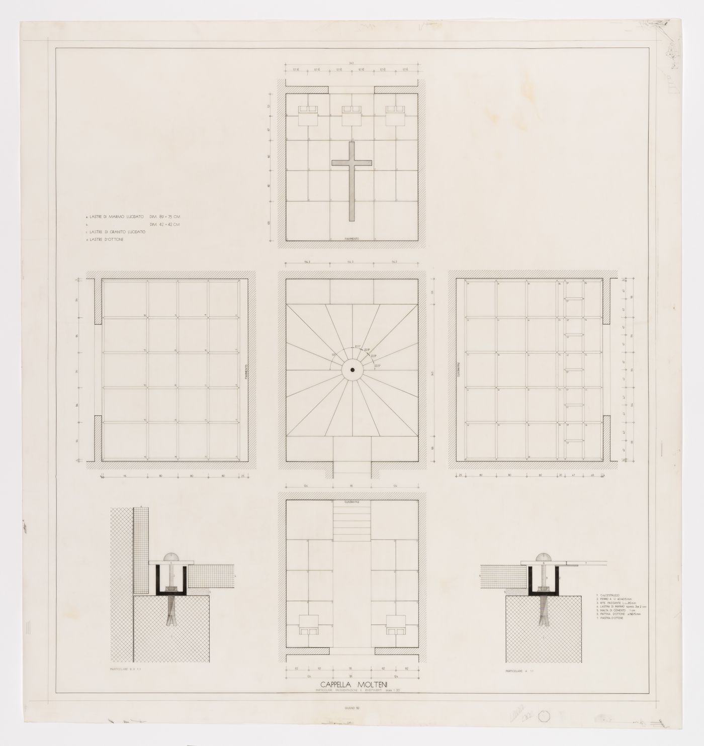 Detail of flooring and coatings, (Particolare pavimentazione e rivestimenti), Cappella funeraria Molteni, Giussano, Italy